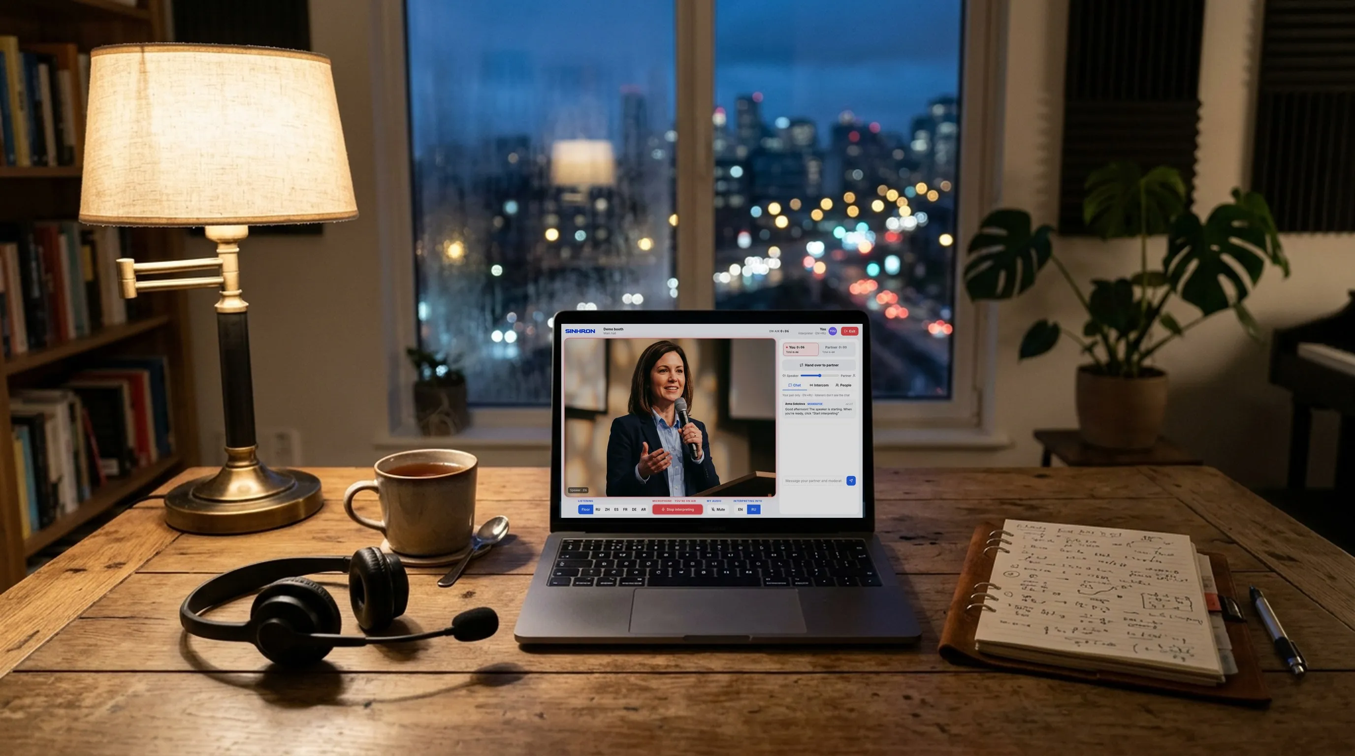 An interpreter's home workplace: a laptop with the SIMULTAN booth on air, a headset and a cup of tea