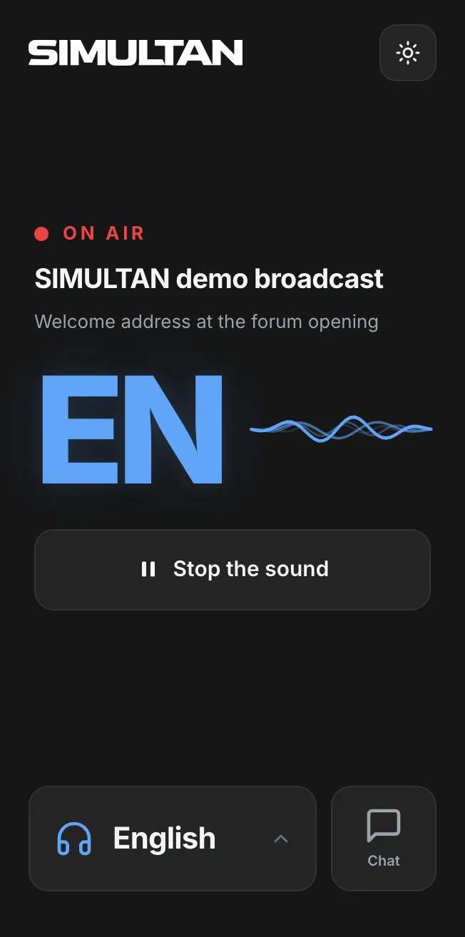 Listener screen on a phone: the Moscow Interior and Design Week broadcast is live, English channel selected