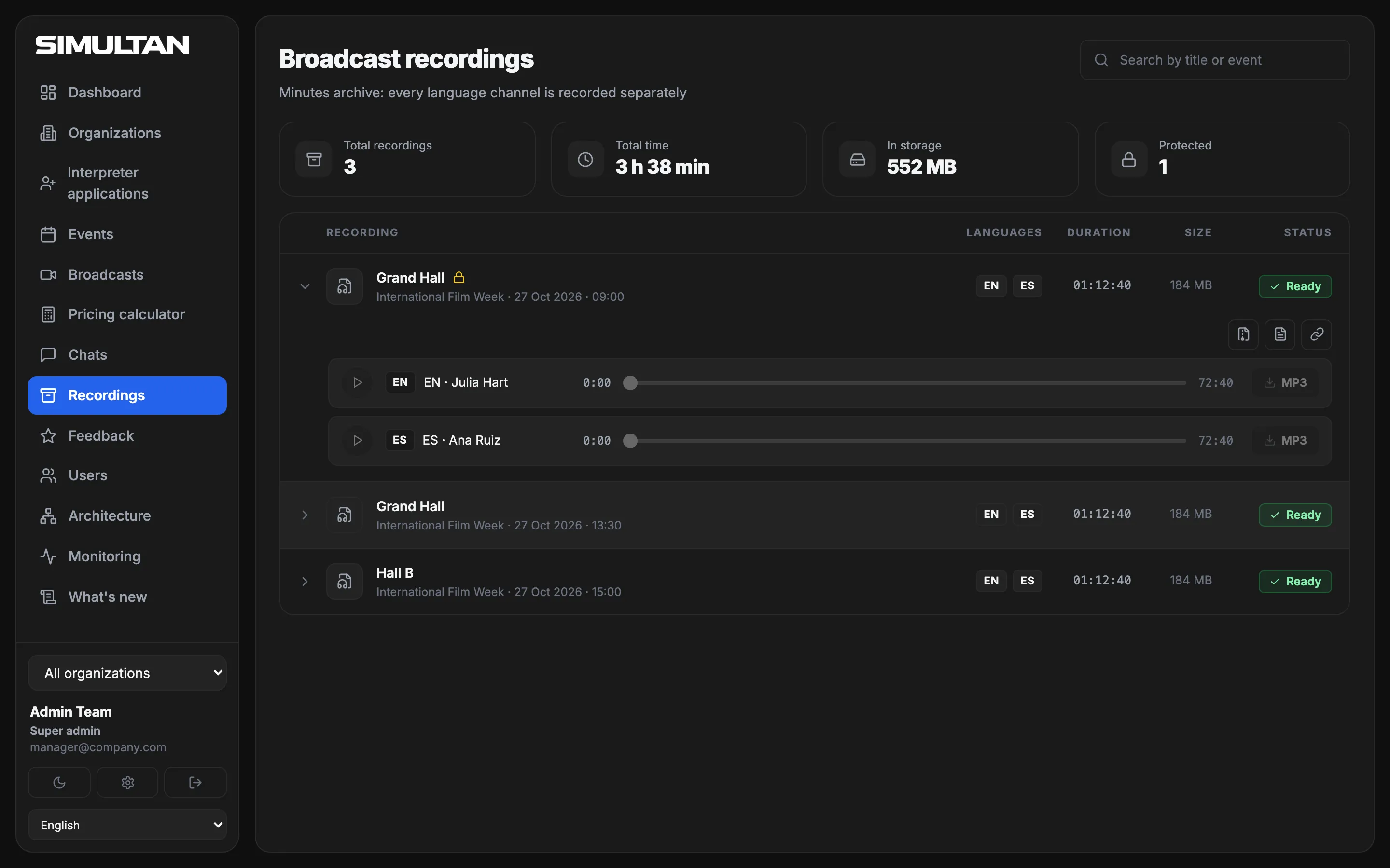 Broadcast recordings screen: each language channel as a separate file, with Download all channels and Report (PDF) buttons