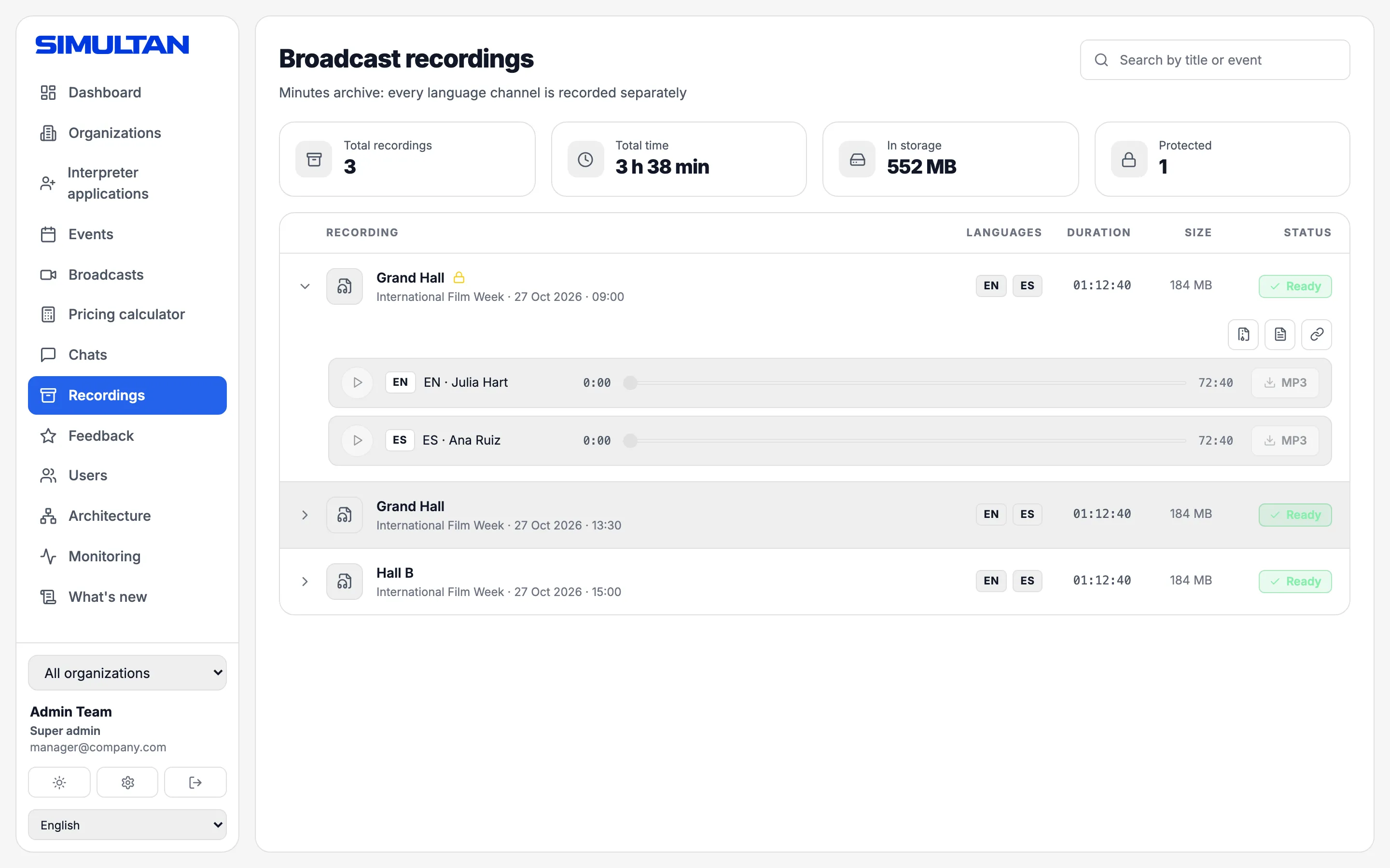 Broadcast recordings screen: each language channel as a separate file, with Download all channels and Report (PDF) buttons