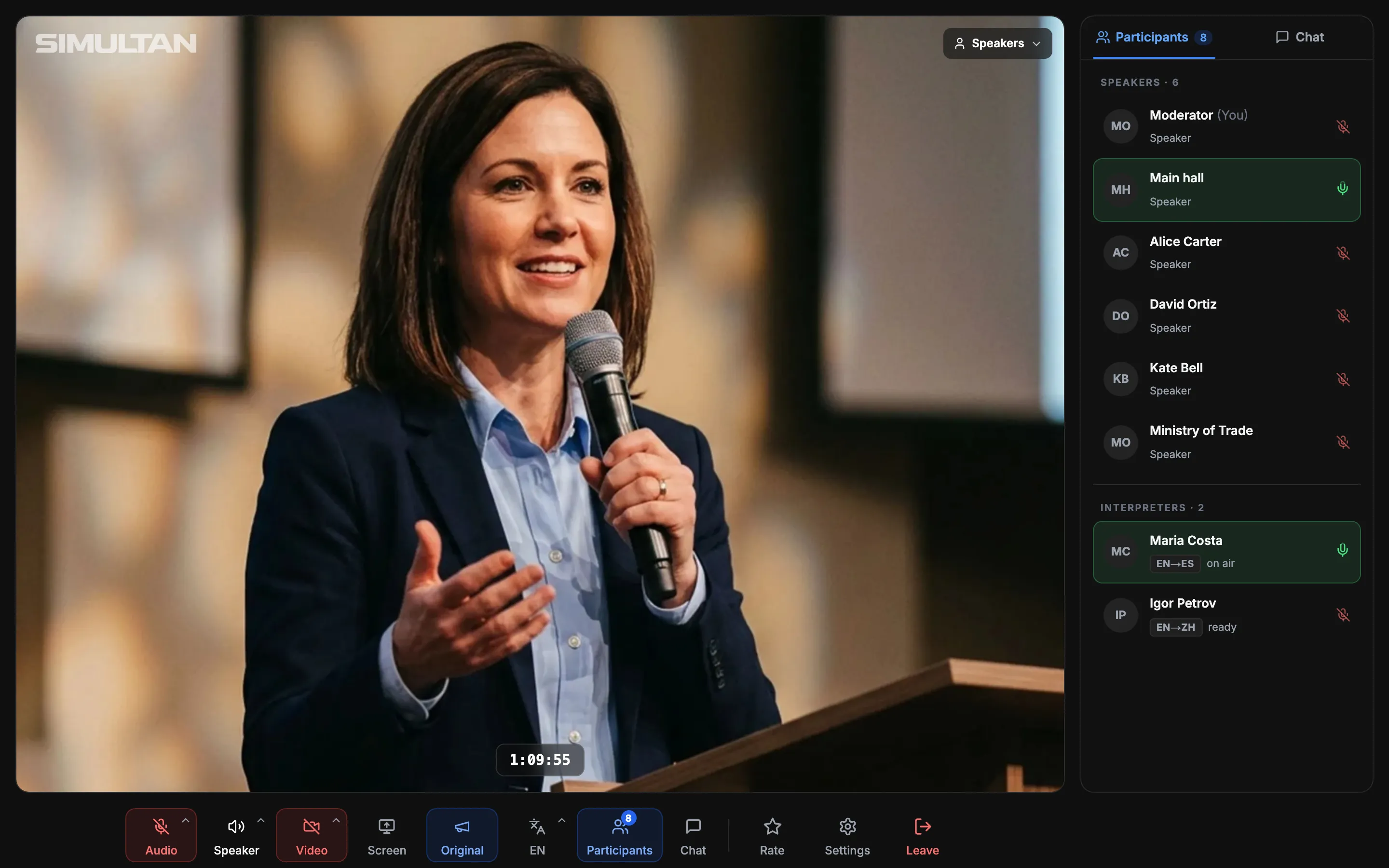 SIMULTAN interface: speaker on stage, list of speakers and interpreters on air, interpretation channel selection