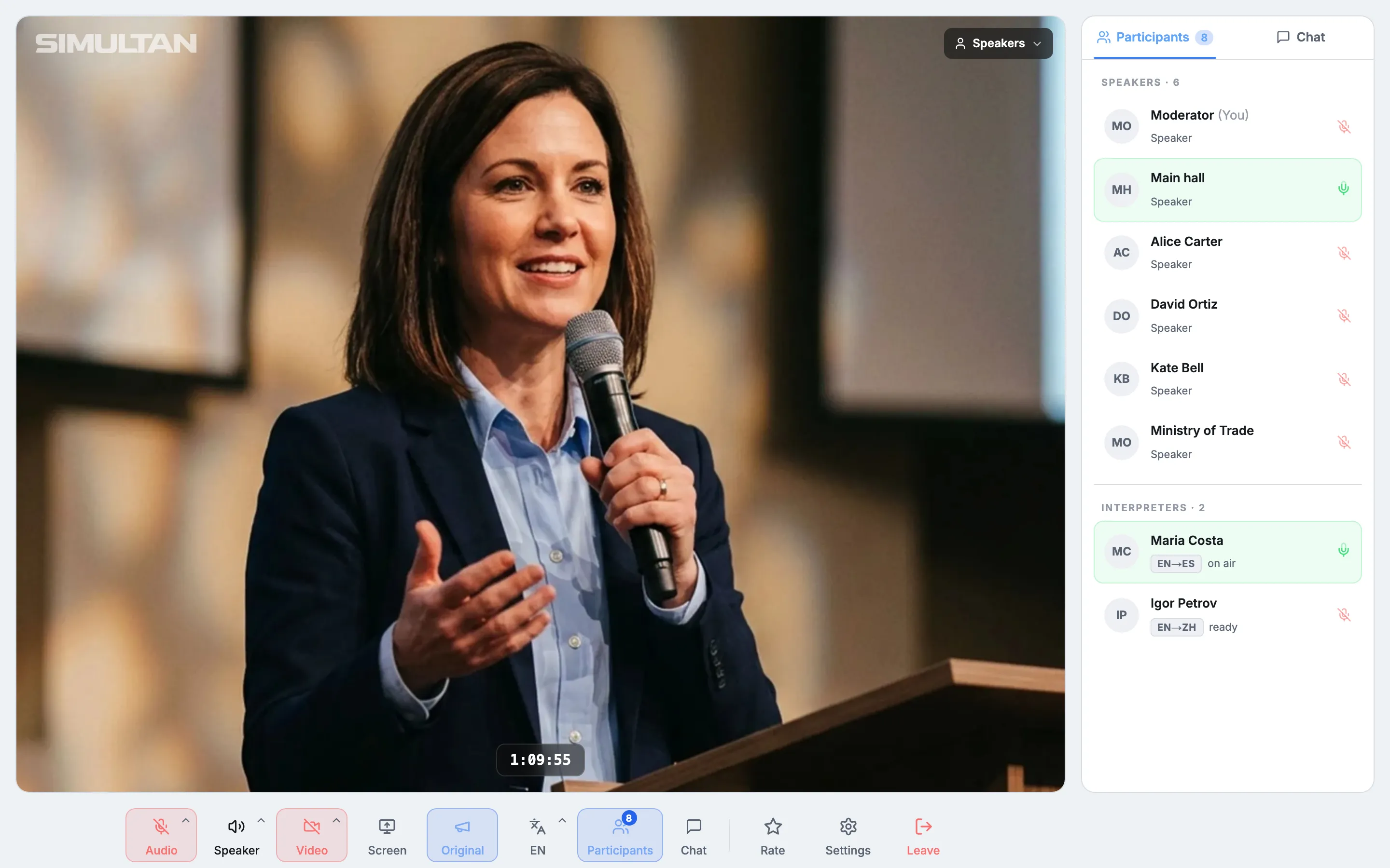 SIMULTAN interface: speaker on stage, list of speakers and interpreters on air, interpretation channel selection